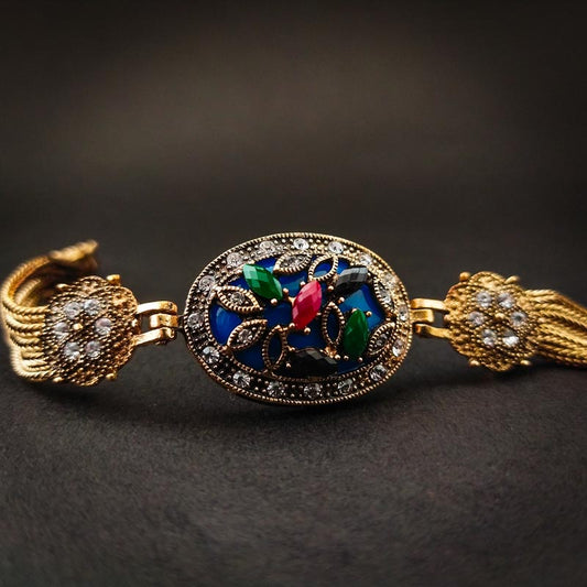 Gold Enamel Bracelet with Multicolor Stones & Tassel - DIVAMAS