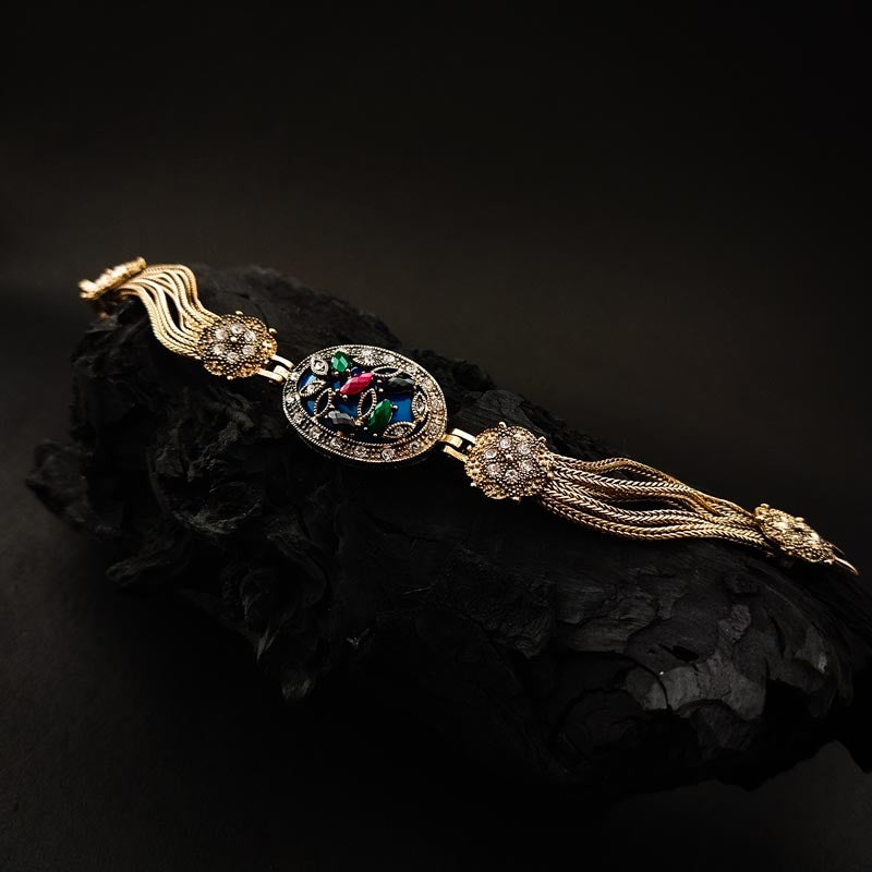Gold Enamel Bracelet with Multicolor Stones & Tassel - DIVAMAS