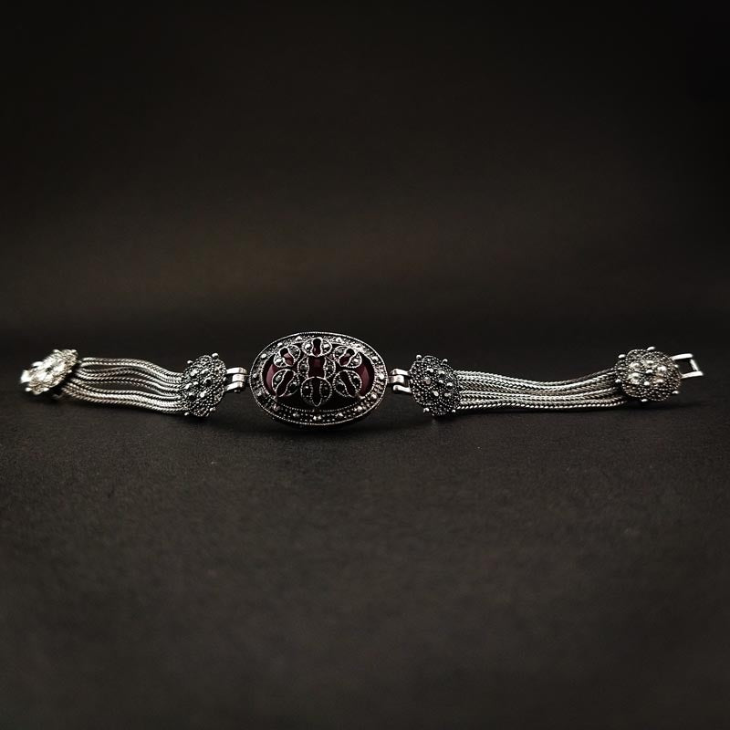 Silver Filigree Bracelet with Garnet Stone & Chain Detail - DIVAMAS