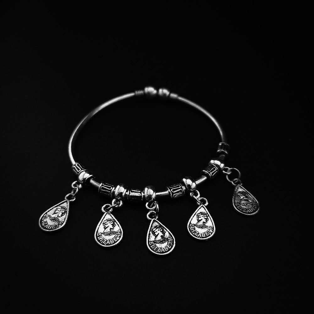 Bohemian Charm Bracelet - Oxidized Silver with Antique Finish & Elizabeth Image