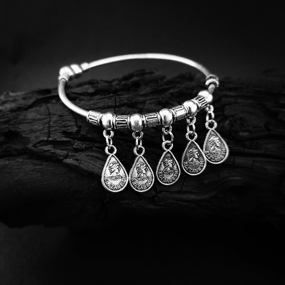 Bohemian Charm Bracelet - Oxidized Silver with Antique Finish & Elizabeth Image