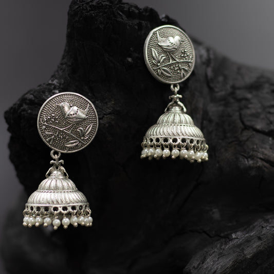 DIVAMAS oxidised silver jhumka earrings with carved bird design on top and pearl drop hangings – traditional ethnic Indian jewelry_03