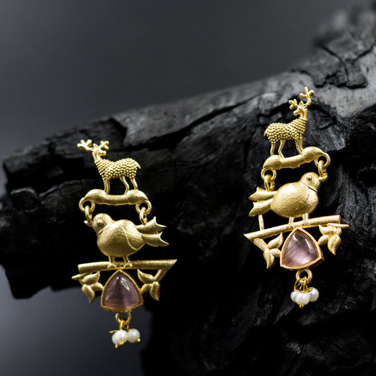 DIVAMAS gold-tone deer & bird earrings with pink Monalisa stone and pearl drop_03