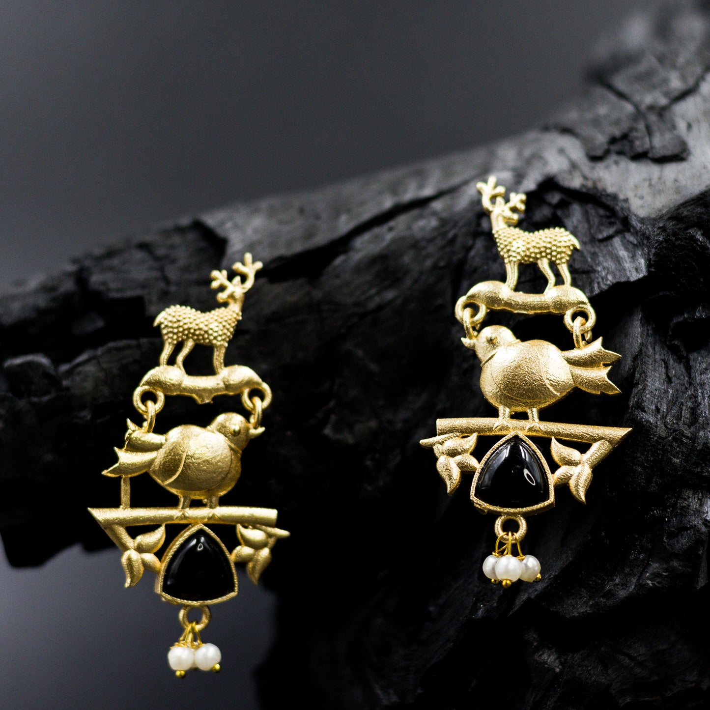 DIVAMAS antique earrings with black Monalisa stone, deer & bird motif, and pearl dangler