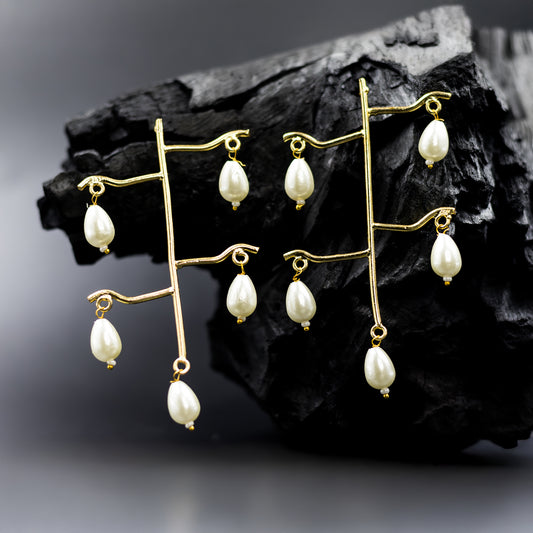 DIVAMAS gold-tone earrings with artistic branch structure and hanging pearl drops – modern ethnic statement jewellery for women_02