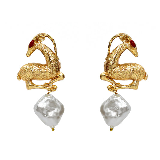 DIVAMAS gold antelope earrings with red eyes and baroque pearl drops – artistic statement jewellery for women_01