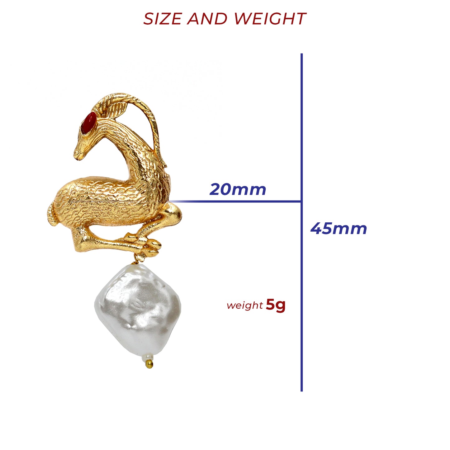 DIVAMAS gold antelope earrings with red eyes and baroque pearl drops – artistic statement jewellery for women_02
