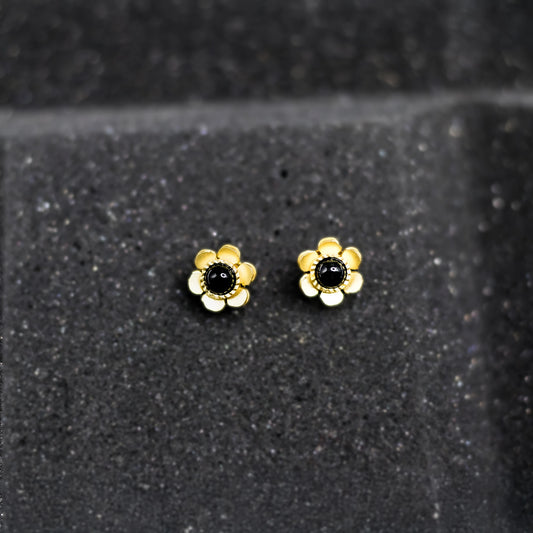 DIVAMAS Gold Floral Stud Earrings with Turquoise & Black Stones
