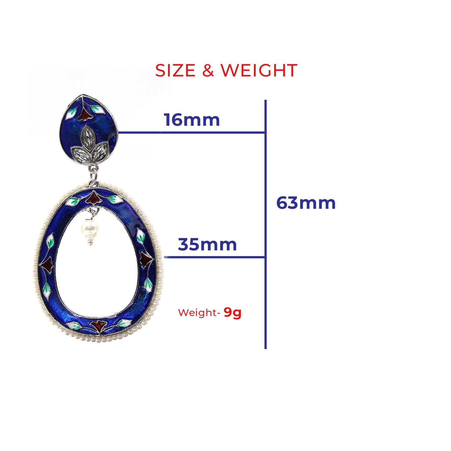 DIVAMAS blue Meenakari oval drop earrings with floral hand-painted design, silver plating, and pearl bead_01