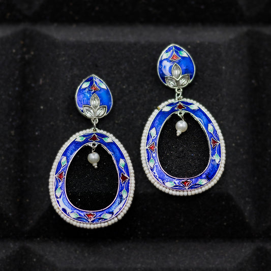 DIVAMAS blue Meenakari oval drop earrings with floral hand-painted design, silver plating, and pearl bead_03