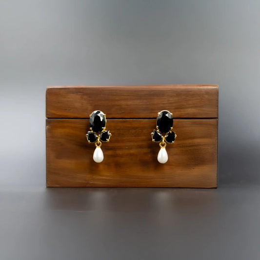 DIVAMAS Luxurious Black Raw Stone Earrings with Pearl Drop