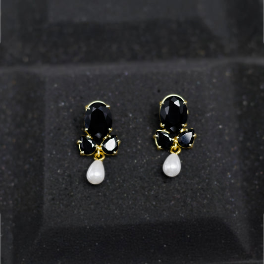 DIVAMAS Luxurious Black Raw Stone Earrings with Pearl Drop