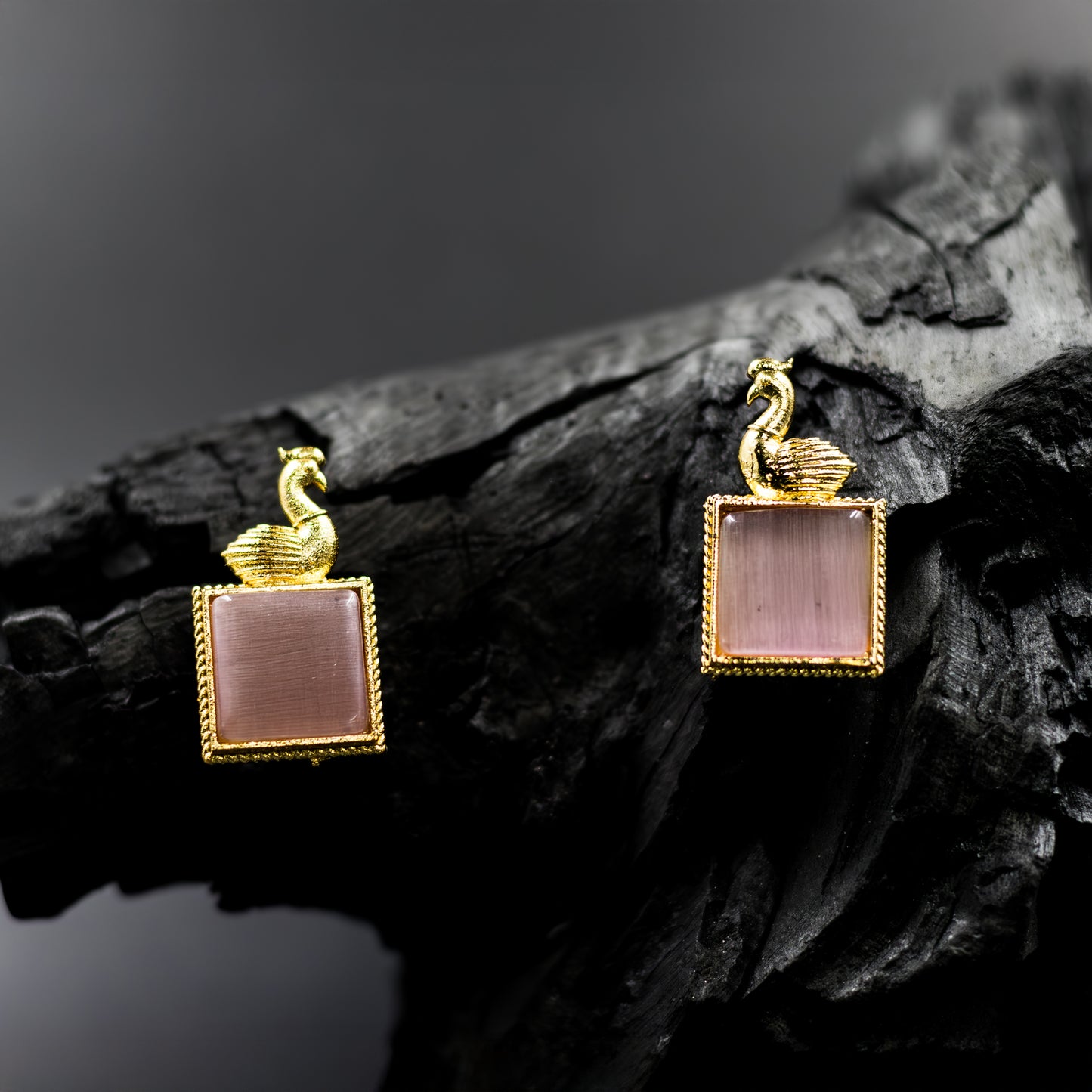 DIVAMAS gold peacock earrings with pink square Monalisa stone – elegant ethnic design