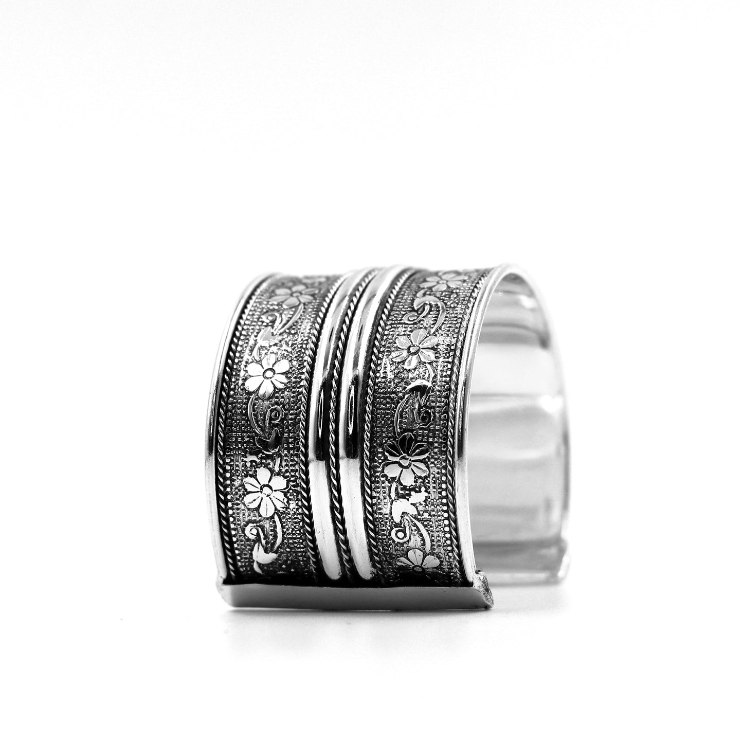 DIVAMAS silver-plated brass floral cuff bangle bracelet with engraved floral detailing, handcrafted statement jewelry for women_05