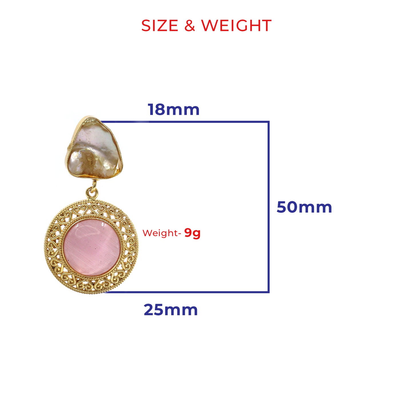 DIVAMAS earrings with natural Mother of Pearl top and pink Monalisa stone in ornate golden filigree design_01