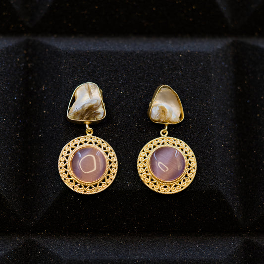 DIVAMAS earrings with natural Mother of Pearl top and pink Monalisa stone in ornate golden filigree design_03