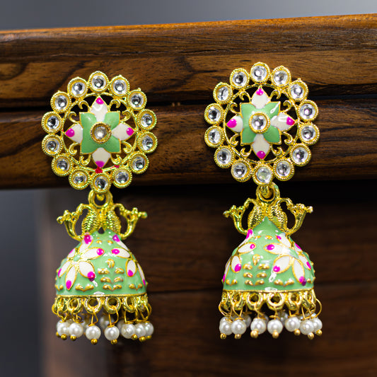 DIVAMAS teal blue and green Meenakari jhumka earrings with Kundan stones, twin peacock design, and pearl drops – traditional Indian jewelry_01