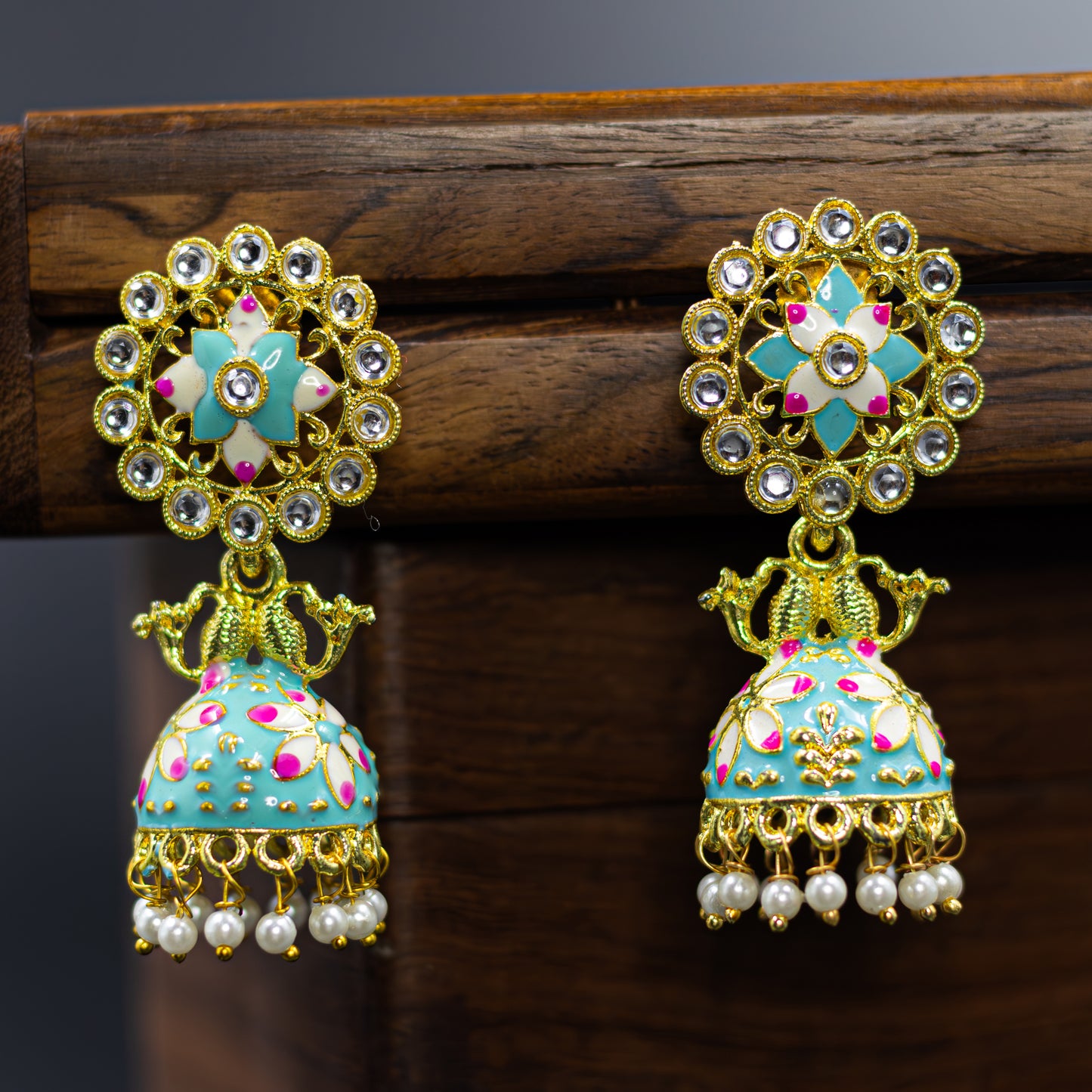 DIVAMAS teal blue and green Meenakari jhumka earrings with Kundan stones, twin peacock design, and pearl drops – traditional Indian jewelry_06