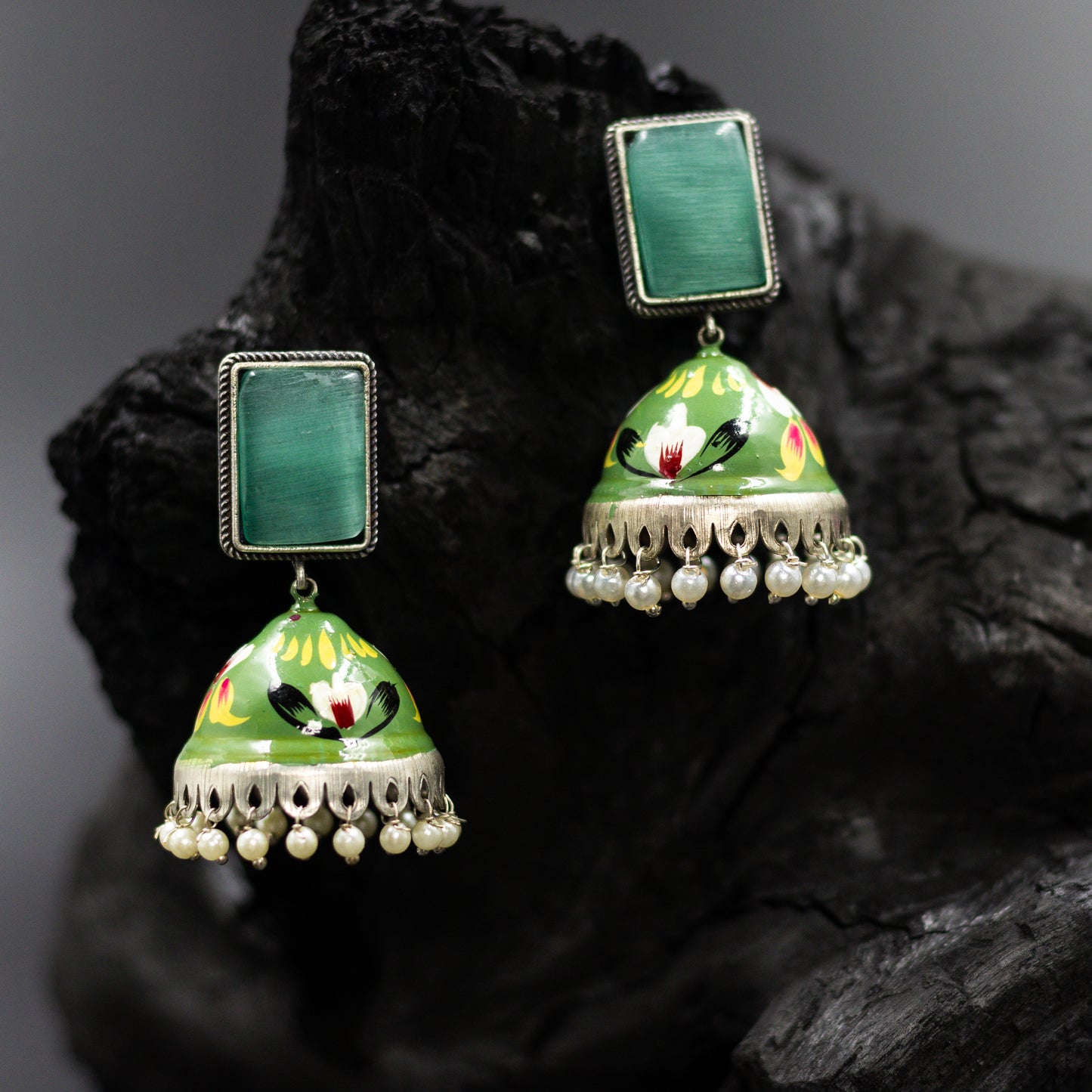 DIVAMAS green hand-painted enamel jhumka earrings with floral artwork and pearl drops – ethnic Indian earrings for festive wear_02