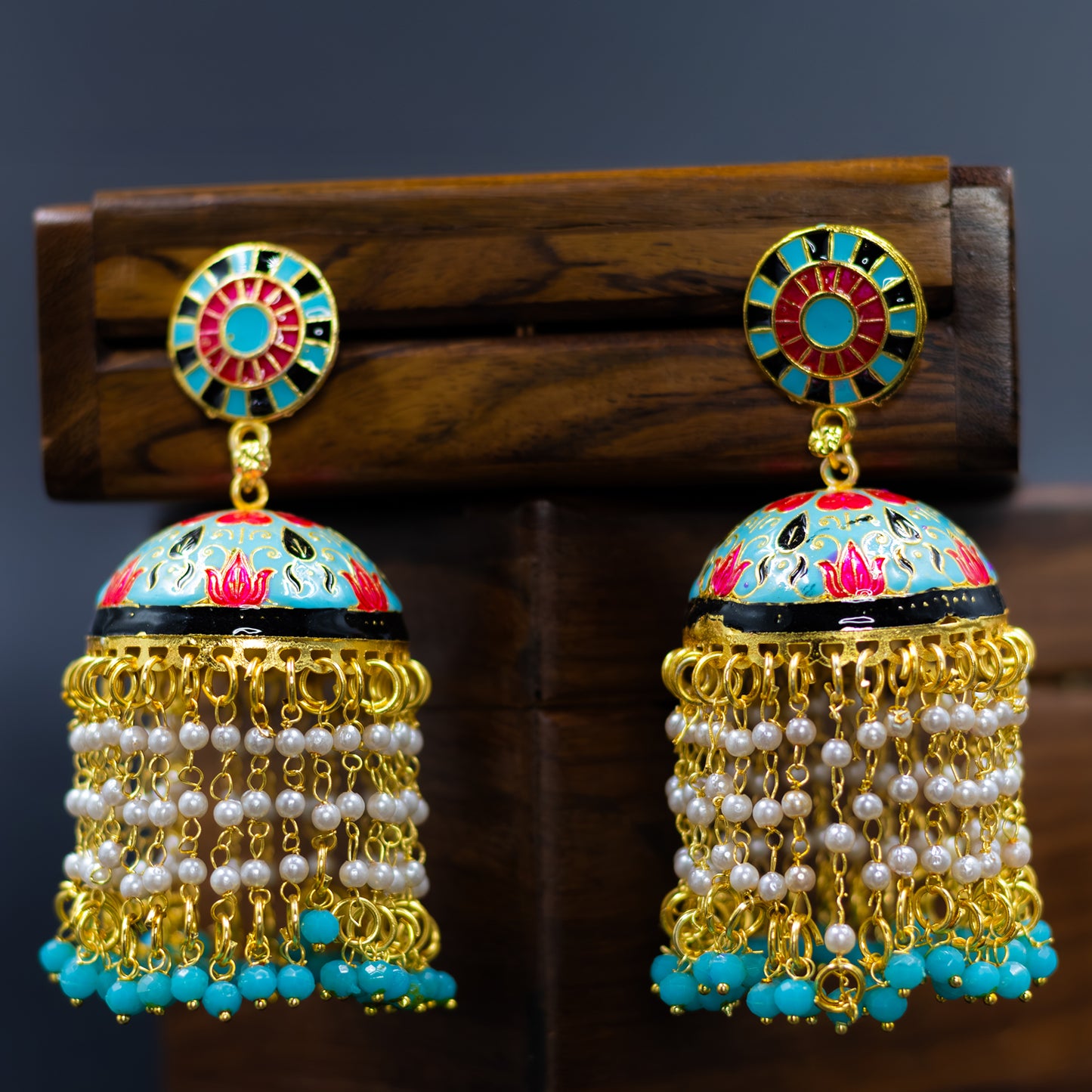 DIVAMAS blue-detailed Meenakari jhumka earrings with pearls and yellow enamel work – elegant traditional earrings for festive wear
