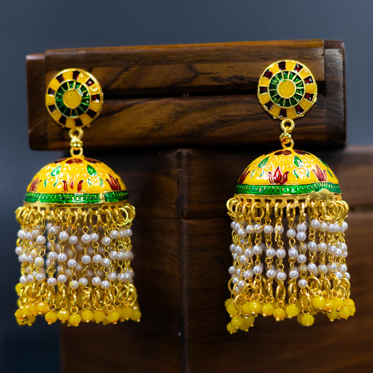 DIVAMAS yellow Meenakari jhumka earrings with pearl tassels and floral enamel design – festive traditional jewelry for women_03