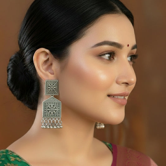 Designer square motif oxidised jhumka earrings