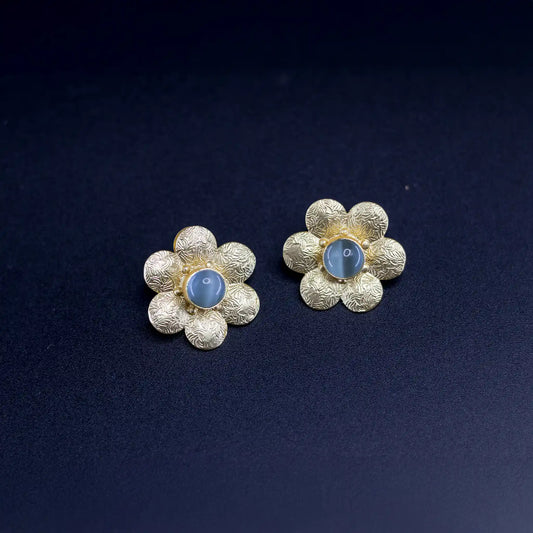 Divamas Elegant Floral Stud Earrings with Textured Gold Finish & Center Gem –Aqua Blue