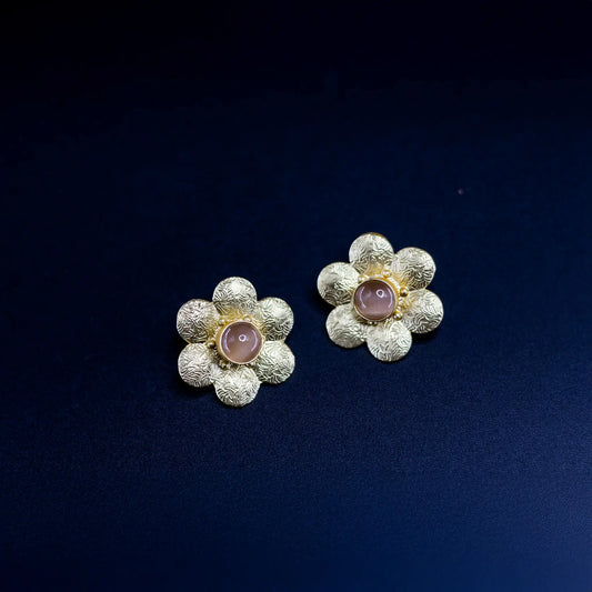 Divamas Elegant Floral Stud Earrings with Textured Gold Finish & Center Gem – Pinkish-Brown