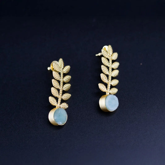 Divamas Gold Plated Leaf Earrings with Mint Stone – Nature Luxe