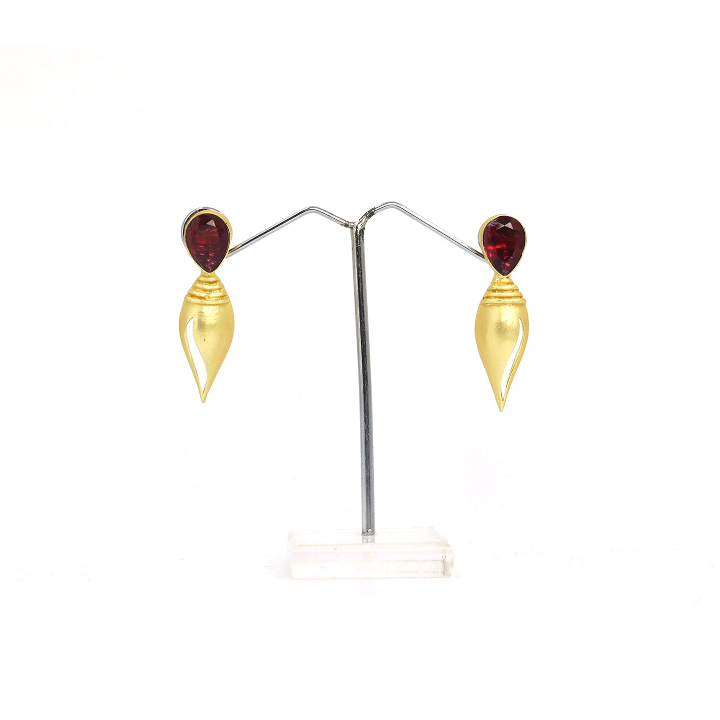 Divamas Gold Plated Shankh Design Earrings with Raw Red Stone