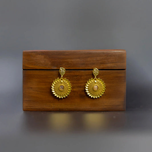 Divamas Grand Gold-Plated Round Drop Earrings with Center Stone Pinkish-Brown – Luxury Ethnic Designer Jewelry
