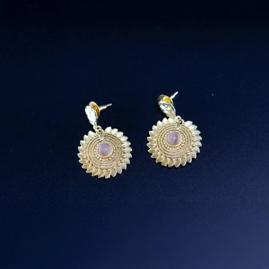 Divamas Grand Gold-Plated Round Drop Earrings with Center Stone Pinkish-Brown – Luxury Ethnic Designer Jewelry
