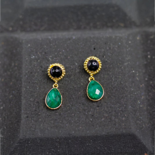 Divamas Luxurious Green & Black Raw Stone Drop Earrings – Gold Plated Designer Charm