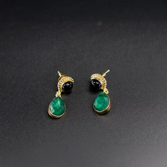 Divamas Luxurious Green & Black Raw Stone Drop Earrings – Gold Plated Designer Charm