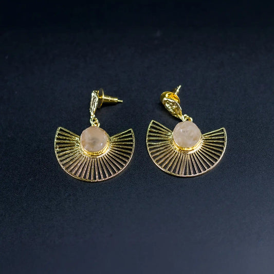 Divamas Luxurious Rose Pink Raw Stone Drop Earrings – Designer Statement Jewelry for Women