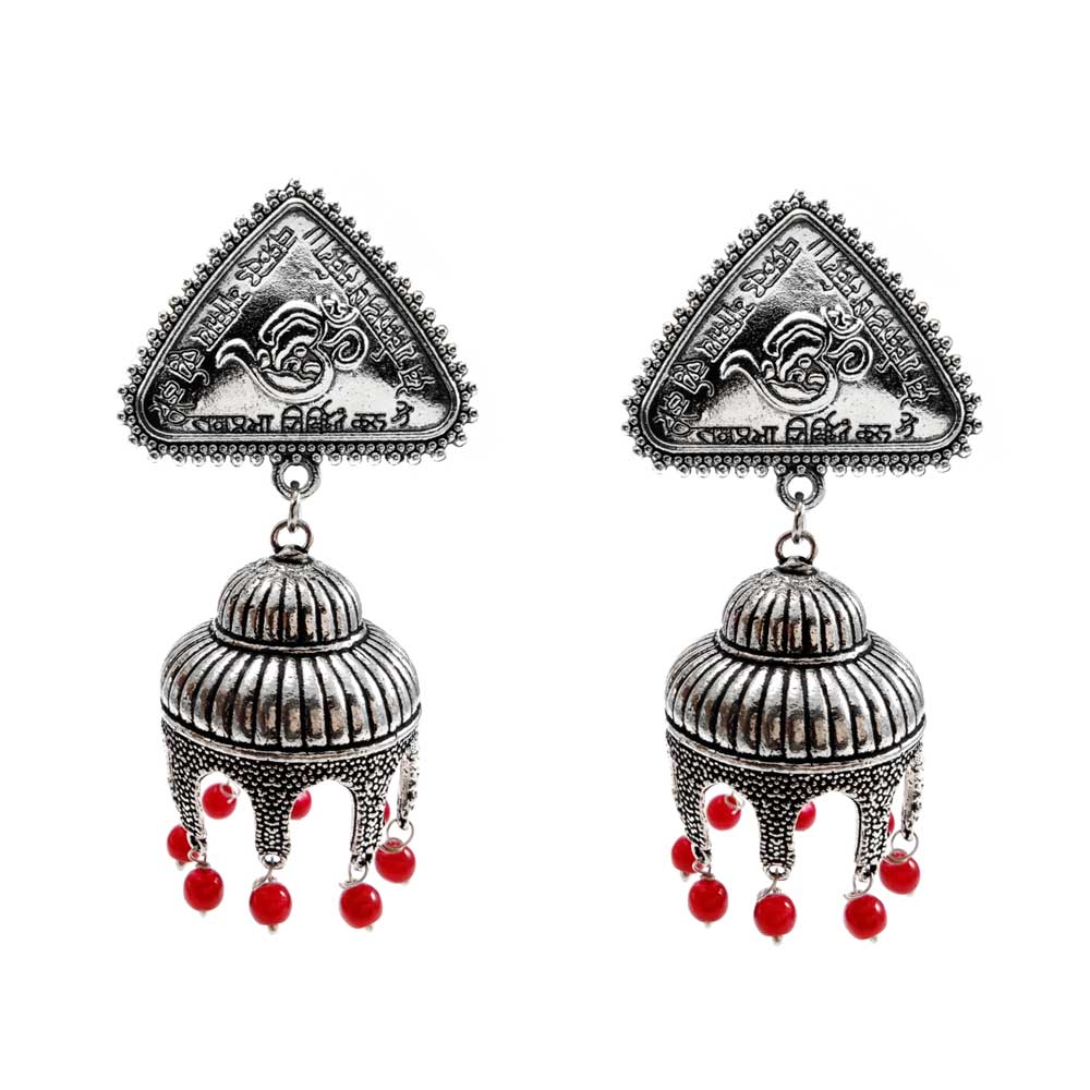Divamas OM Tribal Jhumka Earrings | Handcrafted | Oxidized Silver - DIVAMAS
