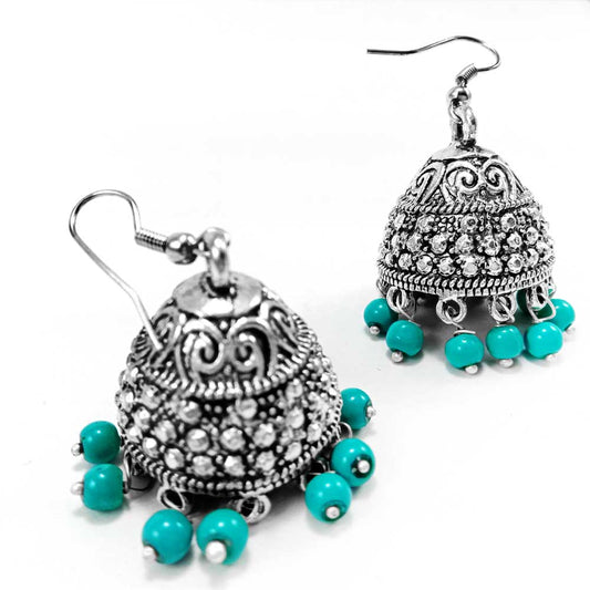 Divamas Handcrafted Jhumkas | Oxidized Silver & Blue Bead - DIVAMAS