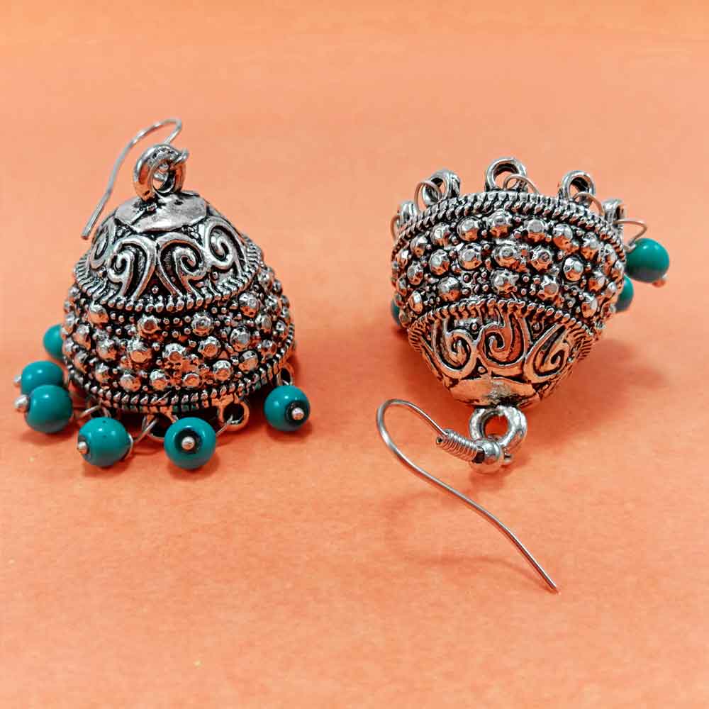 Divamas Handcrafted Jhumkas | Oxidized Silver & Blue Bead - DIVAMAS