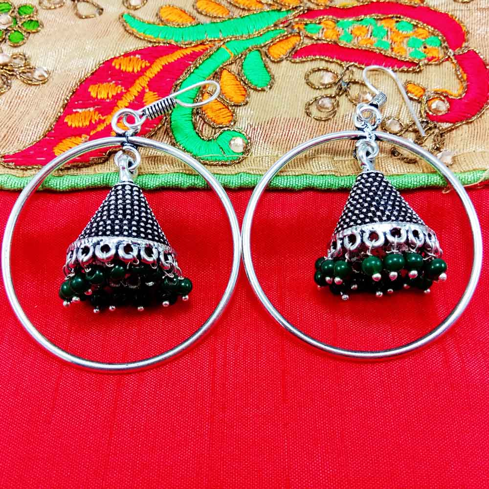 Divamas Hoop Jhumkas | Oxidized Silver & Green Stones - DIVAMAS
