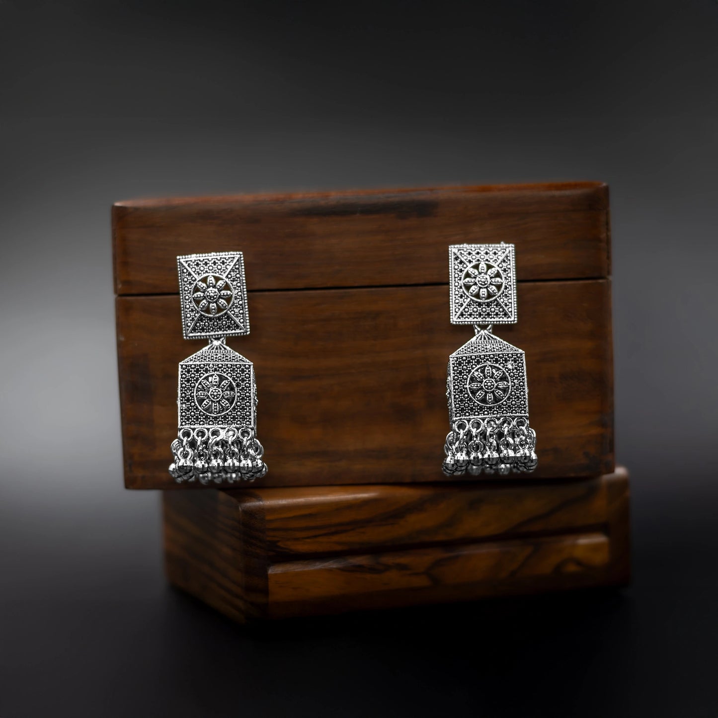 Ethnic oxidised silver drop earrings for women
