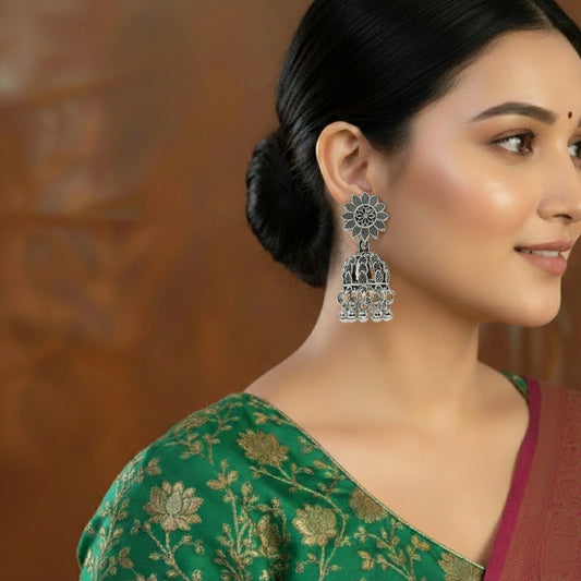 Ethnic oxidised silver ghungroo jhumka earrings