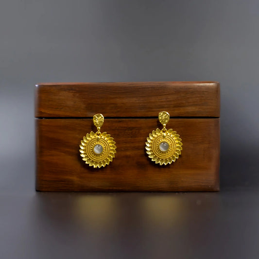 Divamas Grand Gold-Plated Round Drop Earrings with Center Stone Aqua – Luxury Ethnic Designer Jewelry