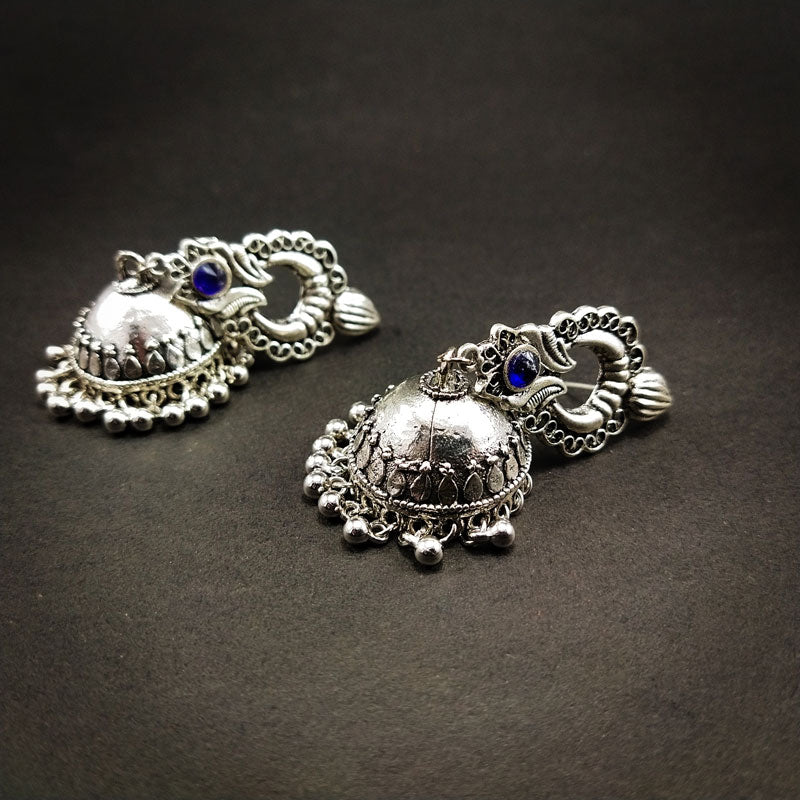 Divamas Oxidized Silver Jhumka Earrings | Floral & Blue - DIVAMAS