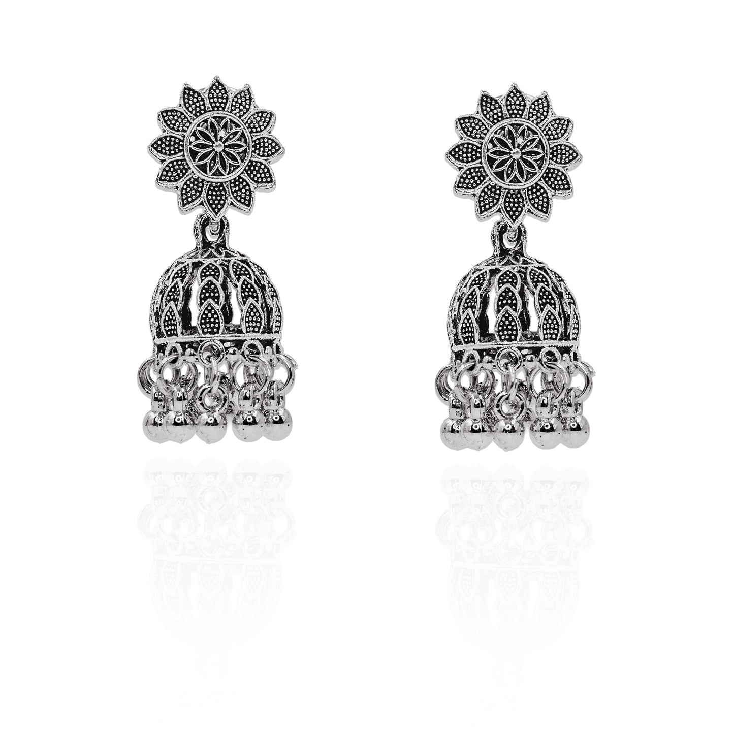 Oxidised silver floral jhumka earrings