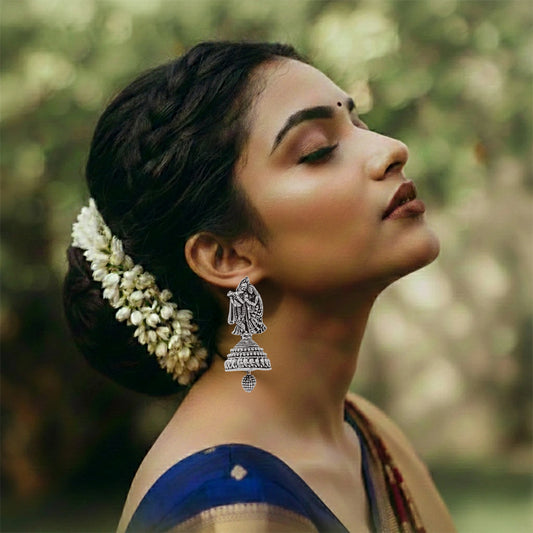 Radha Krishna oxidised silver jhumka earrings