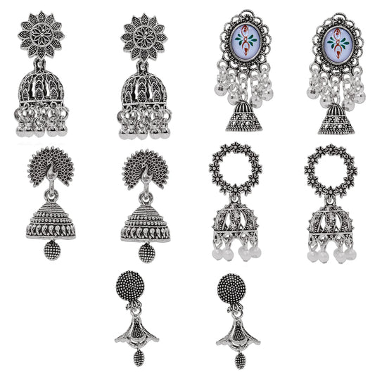 Traditional Oxidised Jhumka Combo Set (5 Pairs)