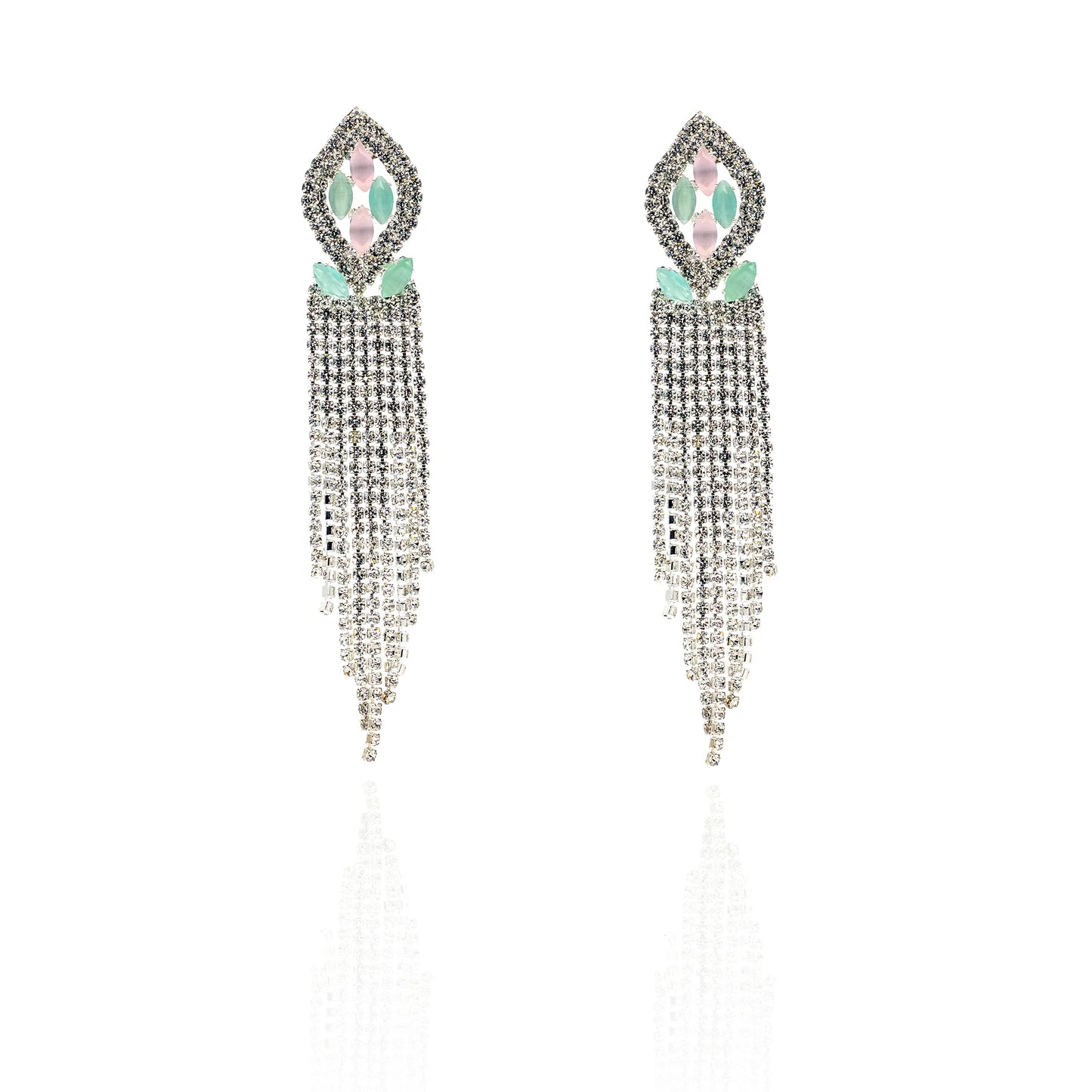 Silver-tone crystal tassel long earrings