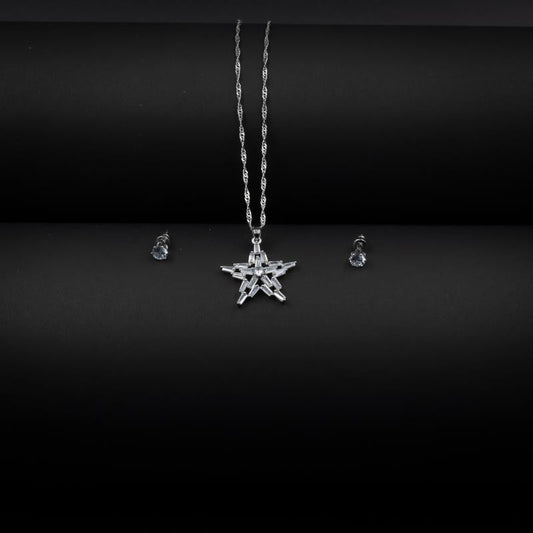 Silver Star Pendant Necklace & Earrings Set—radiant and Modern Design
