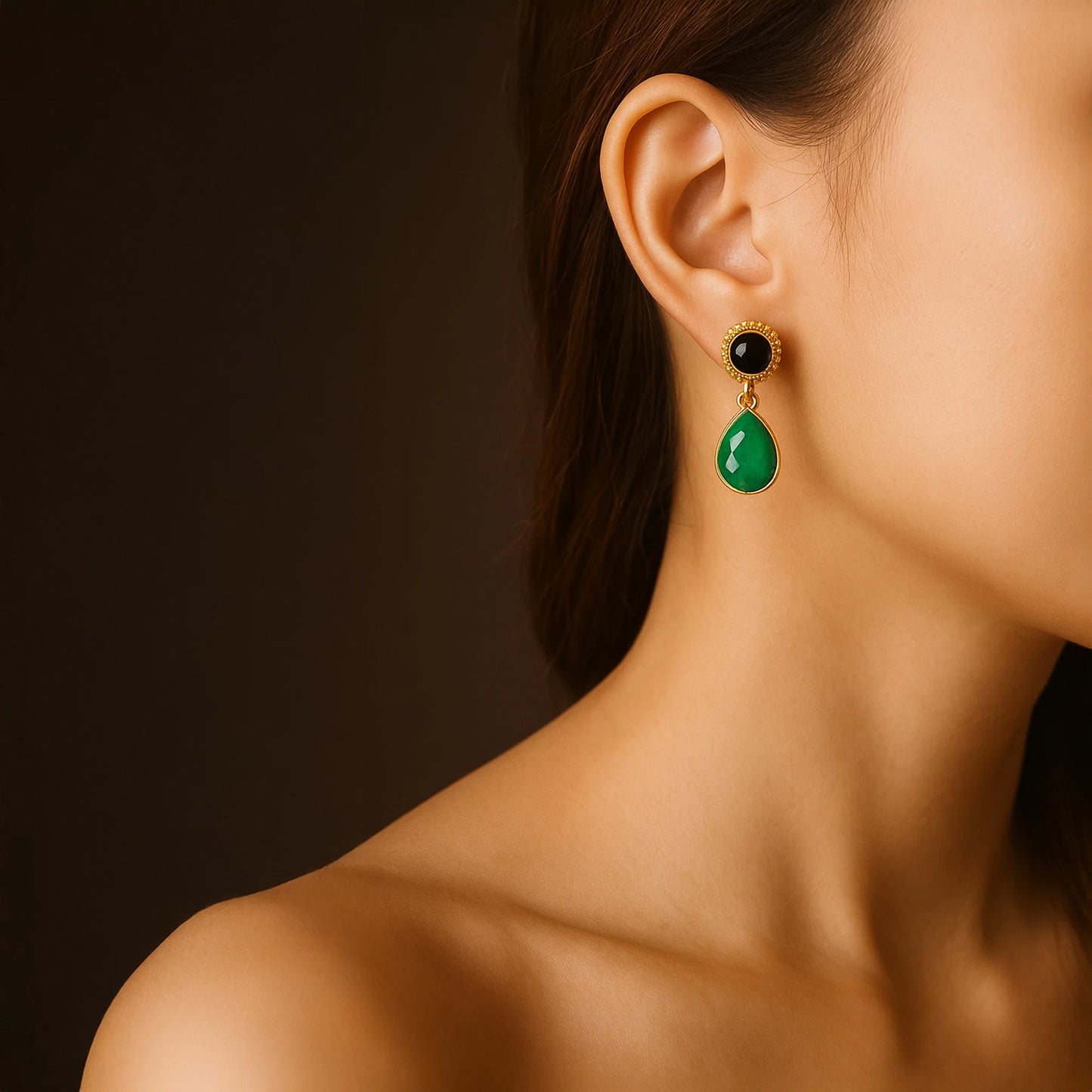 Divamas Luxurious Green & Black Raw Stone Drop Earrings – Gold Plated Designer Charm