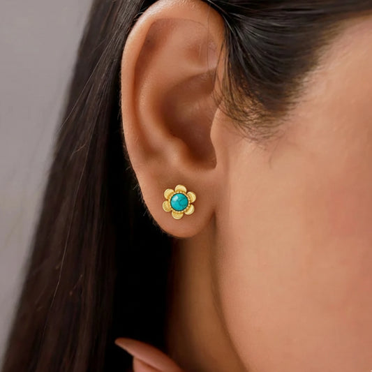 DIVAMAS Gold Floral Stud Earrings with Turquoise & Black Stones